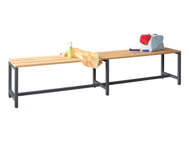 banc-patère,LxP 2000x370mm,barrettes en bois hêtre,piètement RAL701