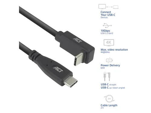 Kabel ACT USB-C standaard naar USB-C hoek boven/beneden 10Gbps 2m