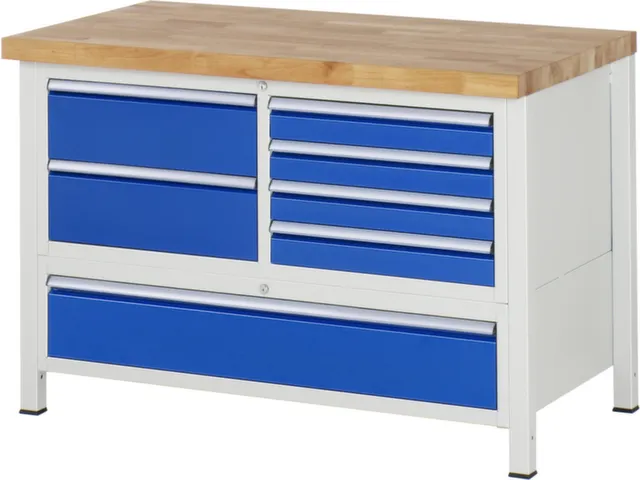 werkbank,HxBxD 840-1040x1250x700mm,beukblad,draagverm. 1250kg,4voeten