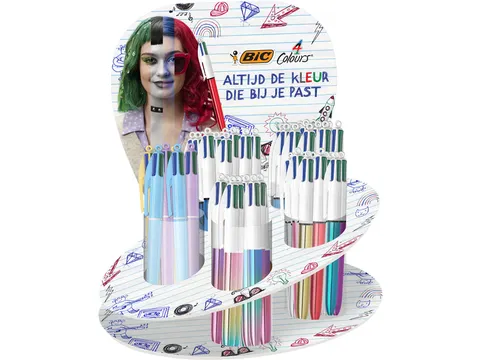 Balpen Bic 4kleuren medium assorti display à 60 stuks
