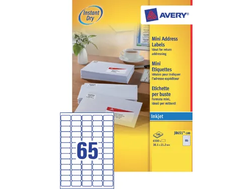 Etiket Avery J8651-100 38.1x21.2mm Inkjet wit 6500 stuks