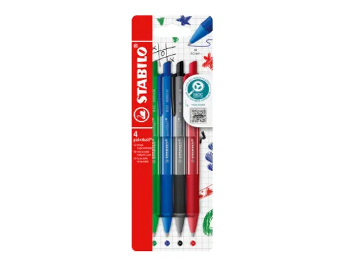 Balpen STABILO pointball colorful medium assorti blister à 4 stuks
