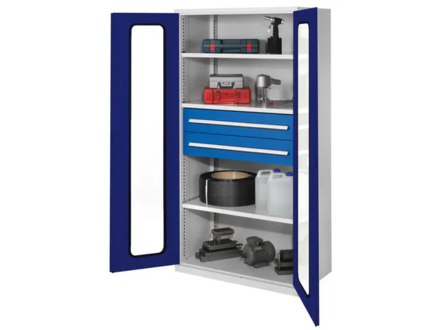 Materiaalkast Vensterdeuren 1950x1000x600mm 3legborden 2laden Ral5010