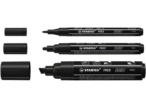 Acrylmarker STABILO Free Acrylic Mixed Tip set à 3 breedtes zwart