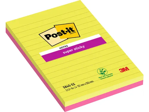 Memoblok 3M Post-it 5845 Super Sticky 127x203mm lijn assorti kleur 90