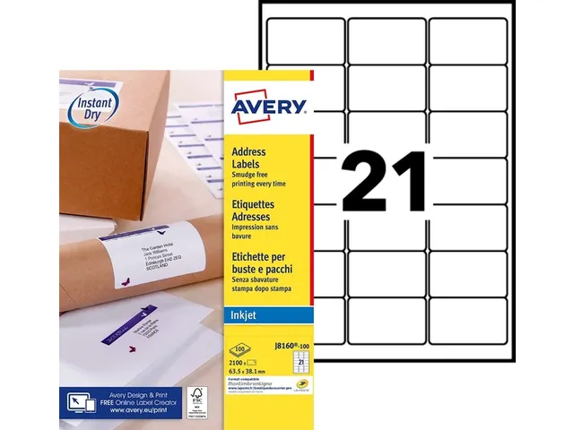 Adresetiket Avery J8160-100 63.5x38.1mm Inkjet Wit 2100 stuks