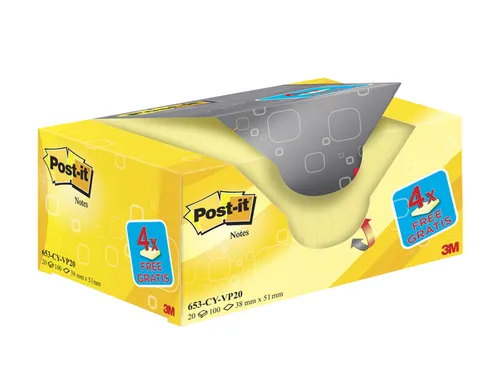 Memoblok 3M Post-it 653 38x51mm geel 16 + 4 gratis