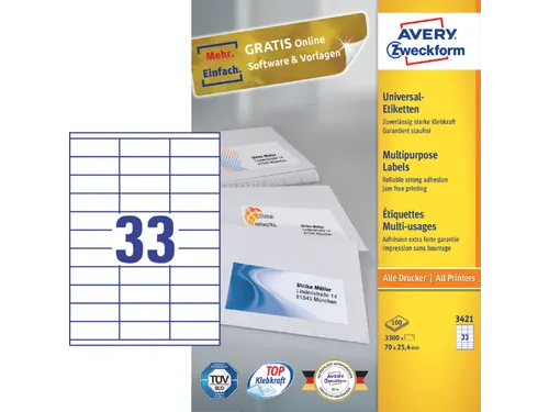 Etiket Avery Zweckform 3421 70x25.4mm wit 3300stuks