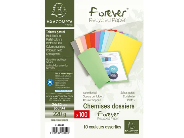 Pak van 100 dossiermappen FOREVER 250 100% Gerecycleerd Assorti