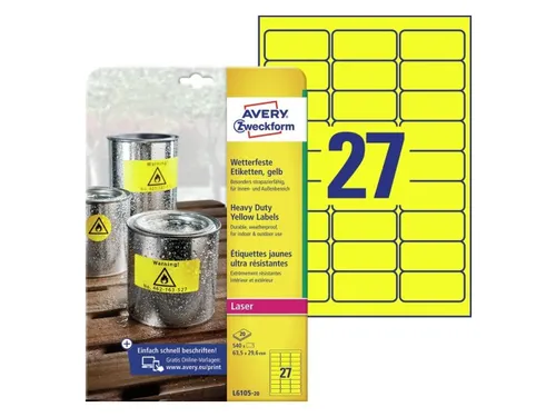 Avery Zweckform Ultra sterk etiket L6105-20 63.5x29.6mm Geel 540 stuks
