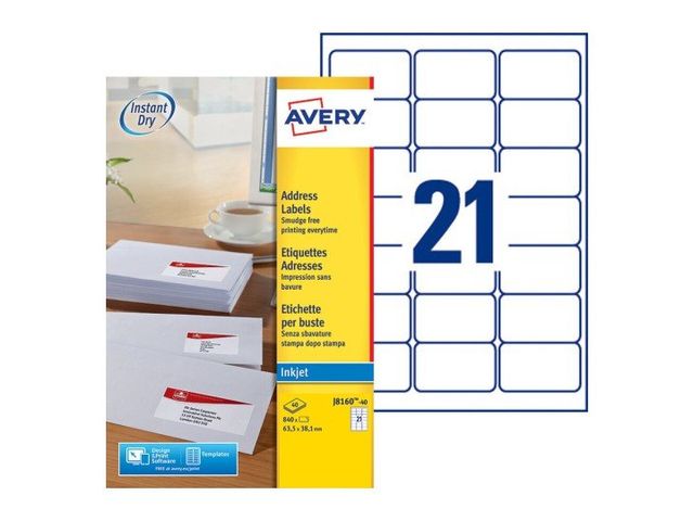 Etiket Avery J8160-40 63.5x38.1mm wit 840stuks | AveryEtiketten.be