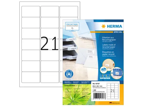 HERMA 10727 Etiketten gerecycled papier A4 63,5x38,1mm Wit 1680 stuks