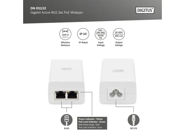 Gigabit Ethernet PoE+ injector 802.3at, 30W kleine behuizing wit