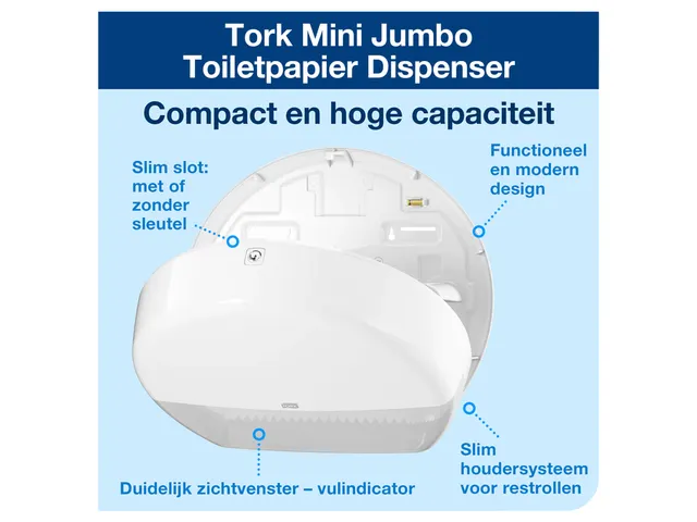 Tork 555000 T2 Mini Jumbo Toiletpapier Dispenser Elevation Wit