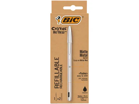 Balpen Bic Cristal Re-new medium zilver + 2 vullingen zwart