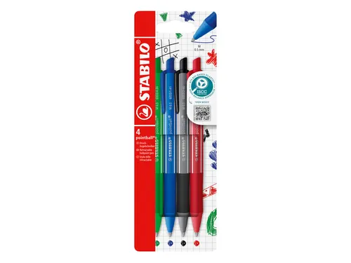 Balpen STABILO pointball colorful medium assorti blister à 4 stuks