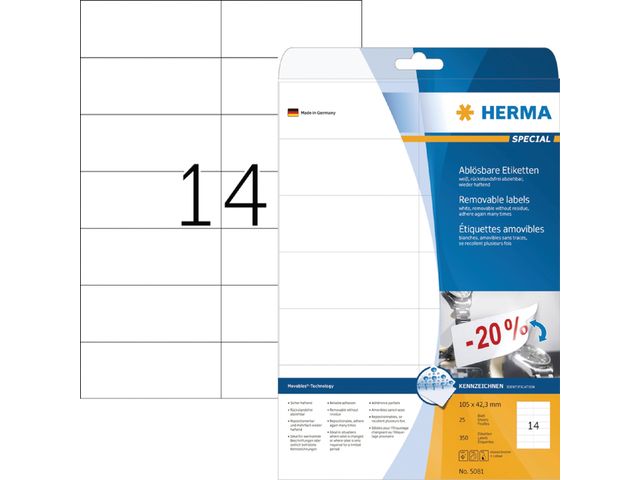Etiket HERMA 5081 105x42.3Mm verwijderbaar wit 350stuks | HermaLabels.be