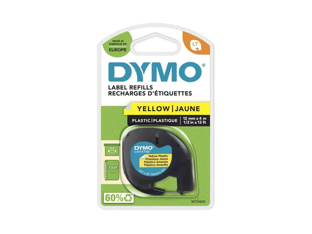 Labeltape Dymo Letratag 91202 plastic 12mm zwart op geel S0721620