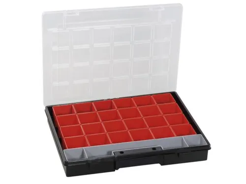 Bak voor kleine onderdelen,HxBxD 55x370x295mm,24bakken,PP,koffer zwart