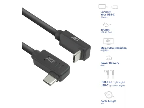 Kabel ACT USB-C hoek links/rechts USB-C hoek boven/beneden 10Gbps 2m
