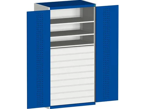 systeemkast 2000x1300x650mm 3xStalen bodem 9laden Ral7035 Ral5010