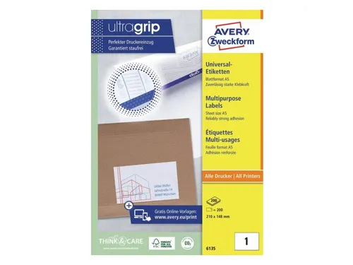 Etiket Avery Zweckform 6135 210x148mm A5 wit 200 stuks