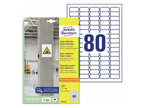Etiket Avery Zweckform L7872-20 35.6x16.9mm Wit 1600 stuks