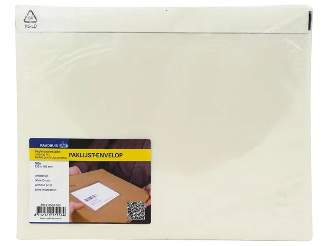 Paklijstenvelop Binnenmaat 225x165mm A5 50 Micron Onbedrukt 100 Stuks