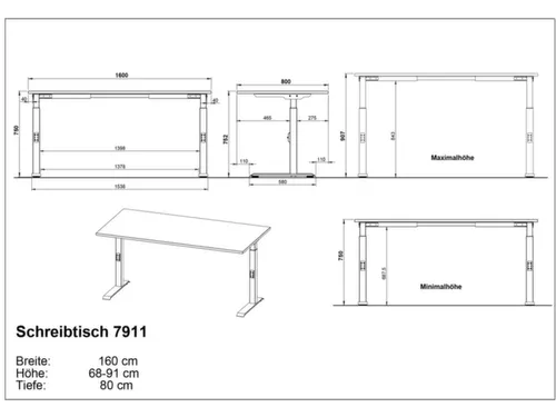 In hoogte verstelbaar bureau,HxBxD 680-910x1600x800mm,blad wit