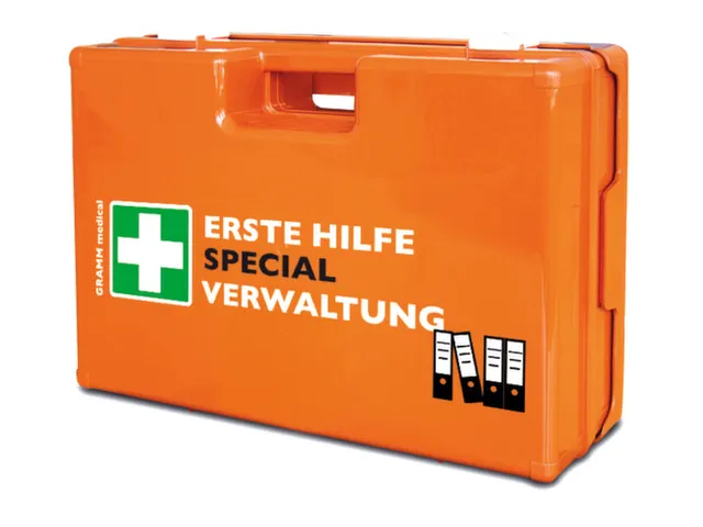 mallette de secours p. bureau DIN 13157 ABS orange av. support mural