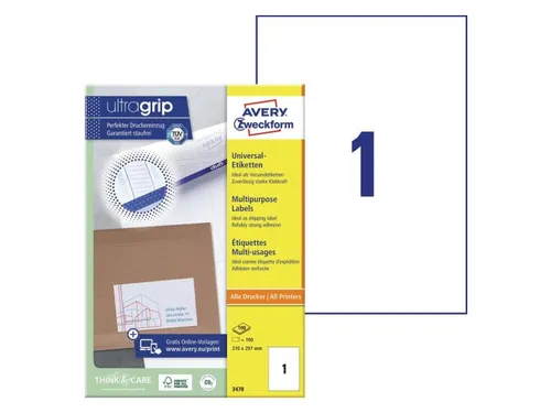 Etiket Avery Zweckform 3478 210x297mm A4 wit 100stuks