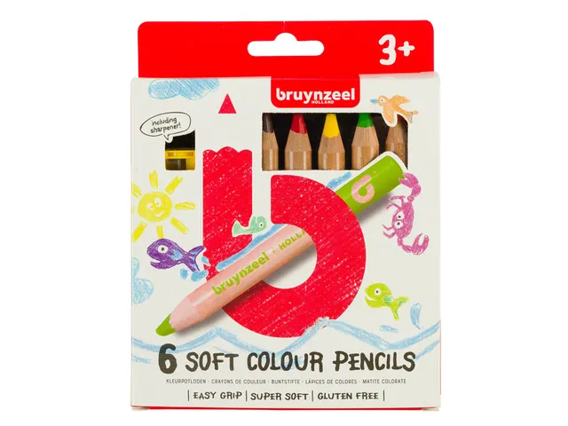 Crayon de couleur Bruynzeel Kids Soft + taille-crayon 6 couleurs