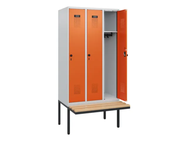 locker met bank,HxBxD 1950x900x815mm,3vak,vak B 300mm,draaigrendel