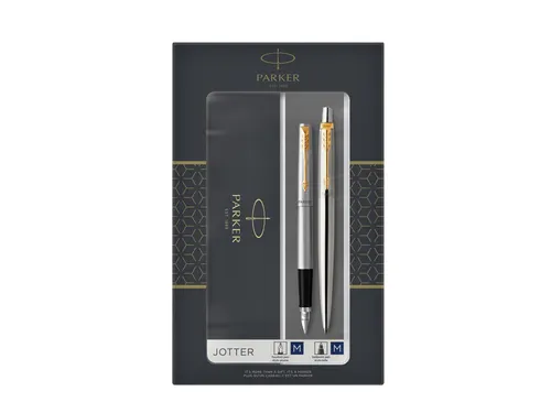 Balpen en vulpen Parker Jotter stainless steel GT medium 2 stuks