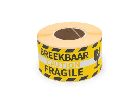 Verpakkingsetiketten 46x125mm Op Rol Zwart Geel Fragile 250 Stuks