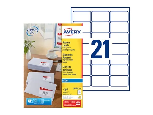 Adresetiket Avery J8160-100 63.5x38.1mm Inkjet Wit 2100 stuks