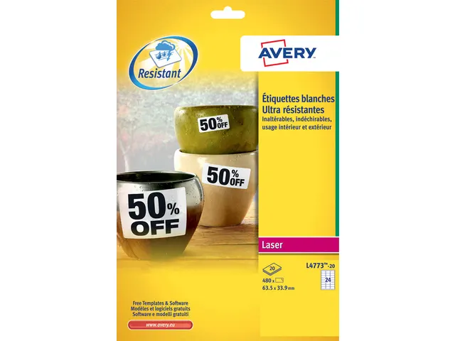 Etiquettes ultra-résistantes Avery blanches laser, 63,5 x 33,9 mm