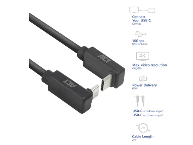 Kabel ACT USB-C hoek boven/beneden 10Gbps 2m
