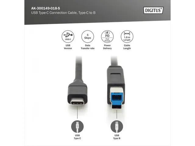 USB Type-C verbindingskabel, type C naar B 1,8m 3A 5 GB 3.0-versie zwa