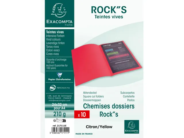 Pak van 10 dossiermappen ROCK''S 220 24x32cm Citroengeel