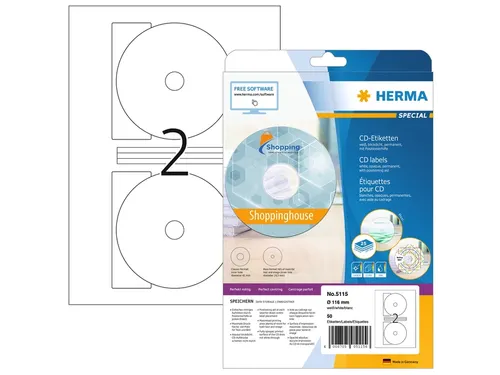 HERMA 5115 CD-etiketten A4 Ø 116mm/18,5mm mat Wit 50 stuks
