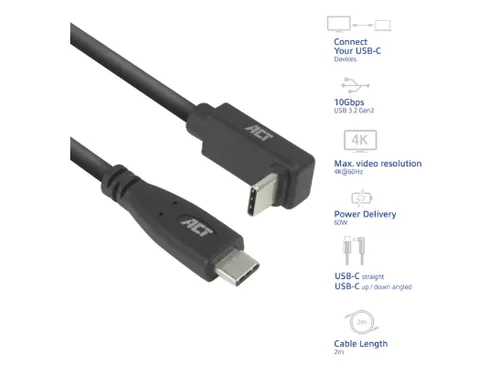Kabel ACT USB-C standaard naar USB-C hoek boven/beneden 10Gbps 2m