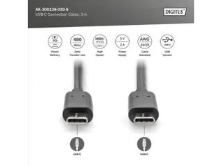 USB Type-C-aansluitkabel Type-C-CM/M 3m 5V/3A 15W 480MB 2.0 Zwart - 4