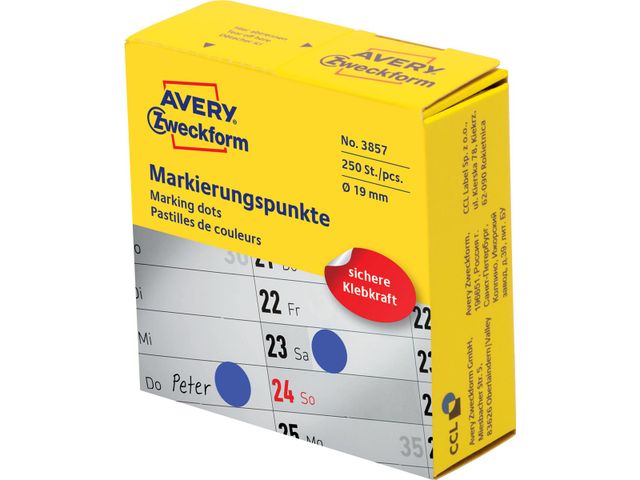 Avery marking dots, diameter 19mm, rol met 250 stuks, blauw | AveryEtiketten.be