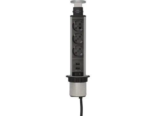 Stekkerdoos Brennenstuhl toren 3-voudig incl. 2 USB 2m zwart zilver