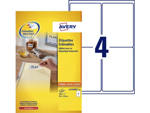 Etiket Avery L4730 Rev-25 17.8x10mm Afneembaar Wit 6750 Stuks