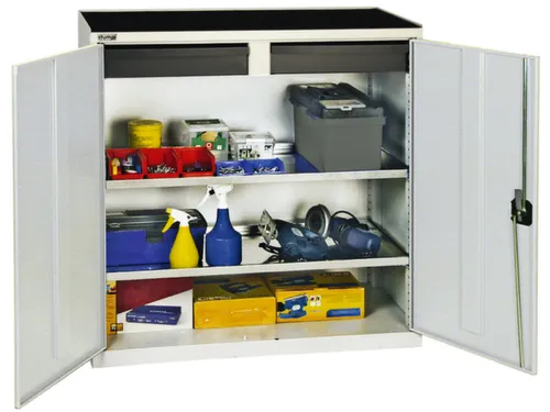 Materiaalkast 1000x1000x500mm 2legborden Uitschuifbaar 2laden Ral7035