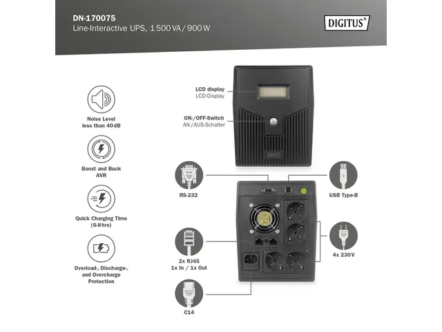 Digitus Line-Interactive UPS 1500VA/900W 12V/9Ah x2 batterij LCD