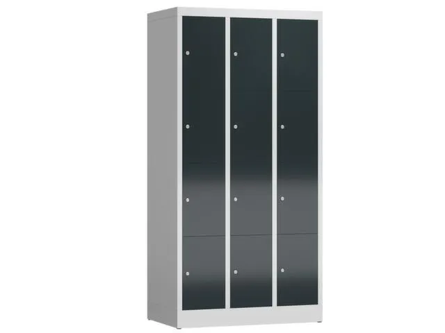 Lockerkast 1800x870x500mm 3x4 vakken cilinderslot, sokkel, RAL7016