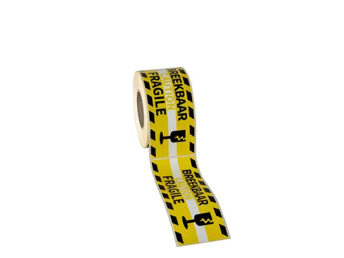 Gevaaretiket Raadhuis 46x125mm rol 250 stuks Fragile caution EN/NL gee